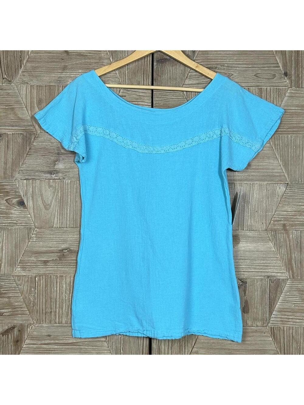 Maria De Guadalajara Light Blue Cotton Gauze Tunic Top S Flutter Sleeve Crochet